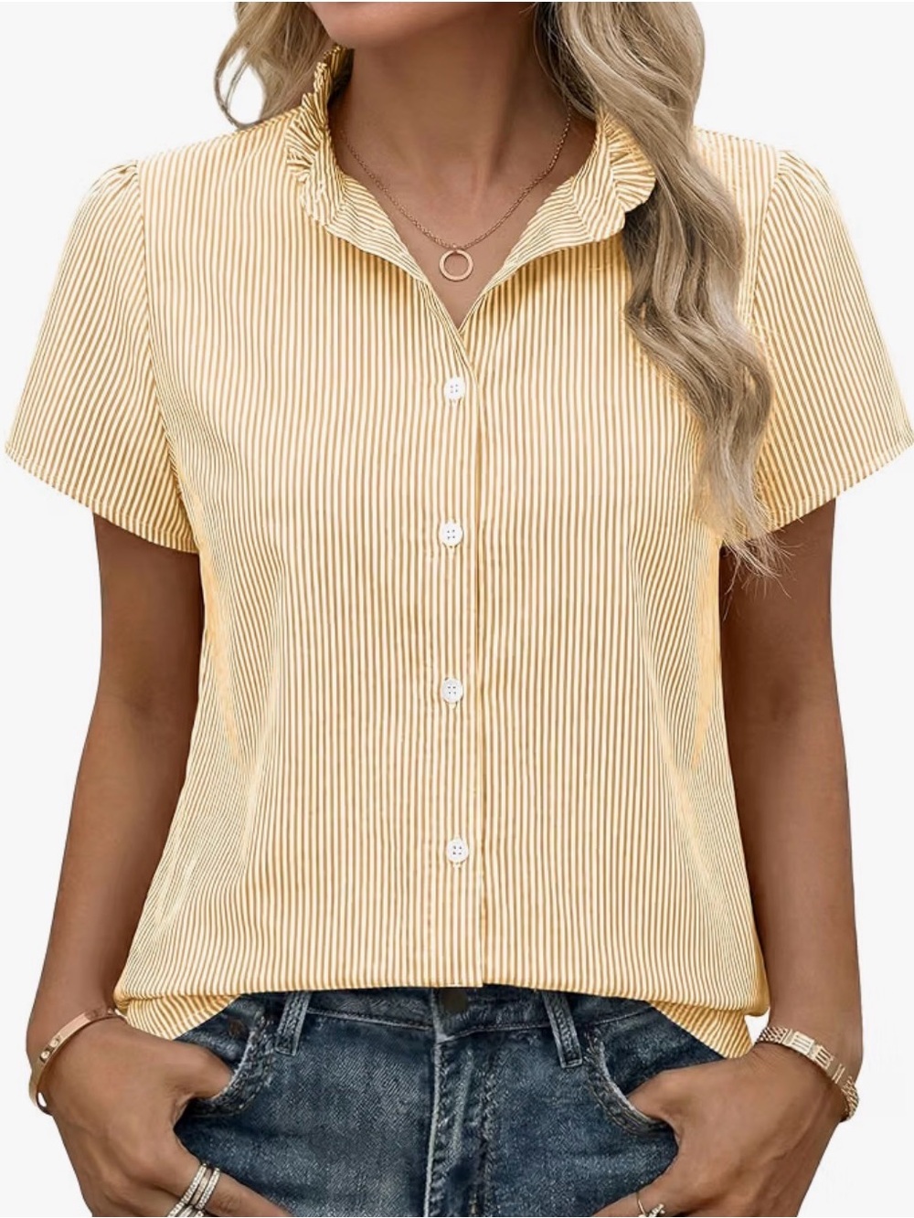 Women's Yellow Stripe Button-Front Ruffle Collar Top